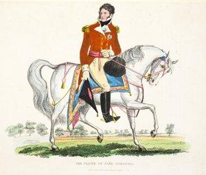 Hans Kongelige Høyhet, The Prince Regent of Great Britain, pub. av Richard Evans, engr Romney, illustrasjon fra An Historical Account of the Battle of Waterloo av William Mudford, 1816 (farget gravering av English School
