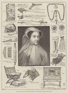 Historiske relikvier i Stuart-utstillingen, på New Gallery, Regent-Street (gravering) av English School