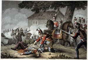 Hestevakten på slagmarken ved Waterloo i «Historiske, militære og marine anekdoter og hendelser som nådde de britiske hærene og deres allierte, og endte ved Waterloo» av Edward Orme. Illustrasjoner av Fry, Sutherland, Clark, Dubourg, W. Heart, JA, Atkinson av English School
