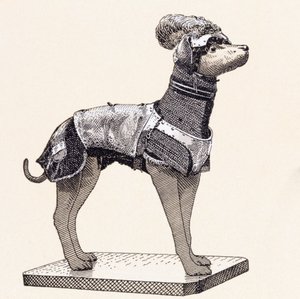 Hund i kroppsrustning (farget gravering) av English School