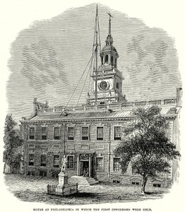 Huset i Philadelphia der de første kongressene ble holdt (gravering) av English School