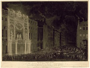 Hus på Portman Square til den franske ambassadøren, opplyst for å feire freden, 29. april 1802 av English School
