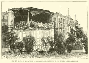 Hus i Avenue de la Gare, Mentone, ødelagt av jordskjelvet på Riviera, 1887 av English School