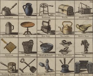 Husholdningsartikler inkludert en musefelle av English School