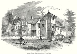 Hulme Hall, Laneasshire. – Sett forfra (gravering) av English School