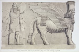 Okse med menneskehode og bevinget figur fra en port på veggen rundt Koujunjik, plate 3 fra Nineveh and its Remains av Austen Henry Layard (1817-94) publisert 1849 av English School