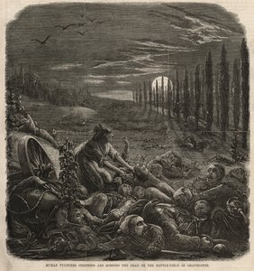 Menneskegribber som klekker av og raner de døde på slagmarken ved Gravelotte (gravering) av English School