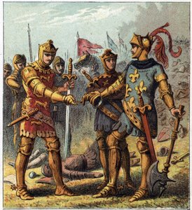 Hundreårskrig: Slaget ved Poitiers (1356). Kongen av Frankrike John II den gode (1319-1364) erkjente sitt nederlag og dro til Edward Plantagenet av England (Edward av Woodstock Brackembury) av English School
