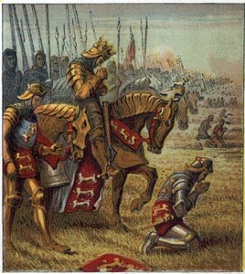 Hundreårskrig: "" Slaget ved Azincourt den 25.10.1415"". Kong Henrik V (1387-1422) ba før han konfronterte de franske troppene. Slaget ved Agincourt: Kong Henry den femte ber om seier før slaget. av English School