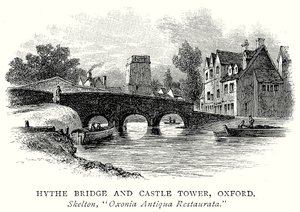 Hythe Bridge og Castle Tower, Oxford (gravering) av English School