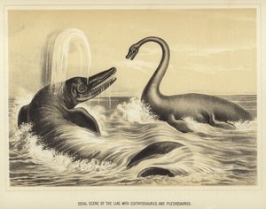 Ideell scene for Lias med Ichthyosaurus og Plesiosaurus av English School