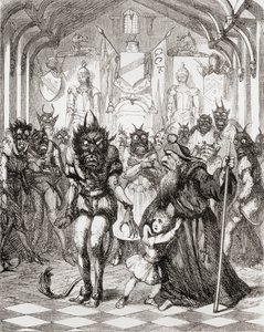 Illustrasjon etter George Cruikshank for diktet 'The Lay of St. Cuthbert', fra 'The Ingoldsby Legends or Mirth and Marvels', av Thomas Ingoldsby, utgitt i 1865 av English School