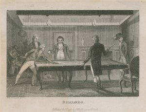 Illustrasjon som viser en gruppe menn som spiller biljard av English School