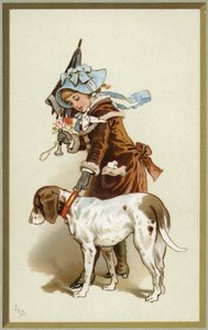 Illustrasjon som viser en ung jente som går tur med hund av English School