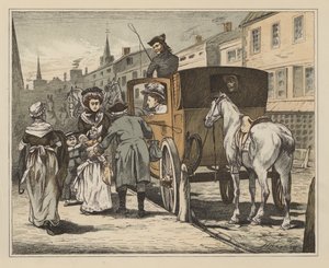 Illustrasjon for The Diverting History of John Gilpin av William Cowper (farge litho) av English School