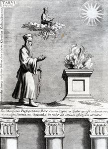 Illustrasjon av Zoroaster som tilber ild og sol, 1697 av English School