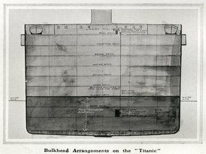 Illustrasjon som viser et tverrsnitt av skottarrangementene på Titanic, fra 'The Sphere', 20. april 1912 (litho) (detalj av 450856) av English School