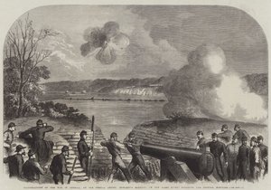 Illustrasjoner av krigen i Amerika, Howlett's Battery, ved James River, engasjerende Federal Monitors (gravering) av English School