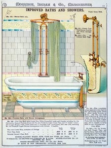 Forbedrede bad og dusjer fra en katalog over sanitærutstyr produsert av Morrison, Ingram & Co., Manchester, utgitt ca. 1890 av English School