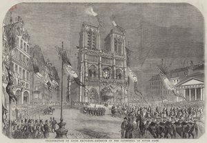 Innvielse av Louis Napoleon, eksteriør av katedralen i Notre Dame (gravering) av English School