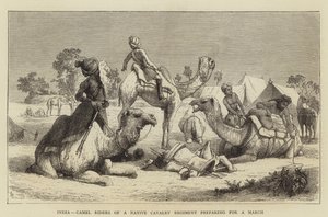 India, kamelryttere av et innfødt kavaleriregiment som forbereder seg på en mars (gravering) av English School