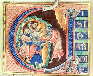 Innledende bokstav 'V' Visio Abdie, The Vision of Obadiah, fra Winchester Bible, ca. 1150-80 (vellum) av English School