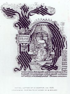 Initial Letter of a Charter som inneholder portretter av Henry VIII og Wolsey, 1529 av English School