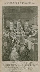 Innenansicht der Justice Hall im Old Bailey, das Gericht tagt und die Art und Weise, wie Gefangene an der Bar verurteilt werden von English School