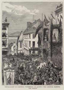 Installasjon av kardinal Taschereau i Quebec, kardinal som velsigner folket (gravering) av English School