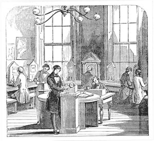 Instrumentrom ved Electric Telegraph Office, Lothbury, London, fra The Museum of Science and Art av Dionysius Lardner, ca. 1860 av English School