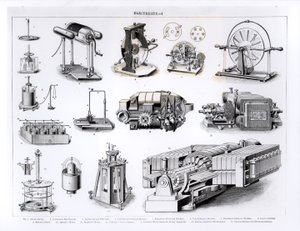 Instrumenter knyttet til oppdagelse og bruk av elektrisitet, fra 1 til 15, nr. 1 Electrophorus; No.2 kondenserende elektroskop; No.3 Leyden Jar and Pith Balls; nr.4 sylindrisk friksjonsmaskin; Nr.5 av English School