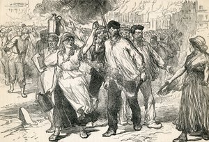 Opprørere herjer i gatene i Paris, hentet fra Cassells Illustrated History, 1872 av English School