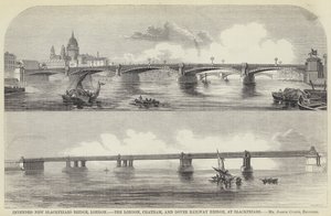 Tiltenkt New Blackfriars Bridge, London, London, Chatham og Dover Railway Bridge, ved Blackfriars (gravering) av English School