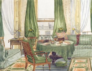 Innvendig utsikt over en stue i Brighton, ca. 1845 (wc på papir) av English School