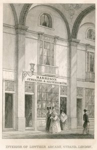 Interiør i Lowther Arcade, Strand, London, med Harrison, gullsmed og sølvsmed