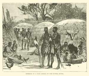 Interiør i en Zulu Kraal ved Tugela-elven av English School