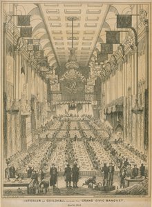 Interiør i Guildhall under den store borgerbanketten, 9. november 1837 av English School