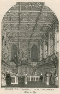 Interiør i House of Lords, Westminster, London, fra baren av English School