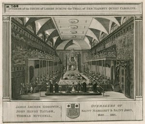 Interiør i House of Lords under rettssaken mot Hennes Majestet Dronning Caroline av English School