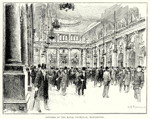 Interiøret i Royal Exchange, Manchester (gravering) av English School