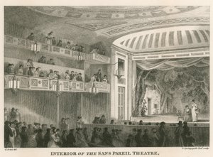 Interiør i Sans Pareil Theatre (Adelphi Theatre), London av English School