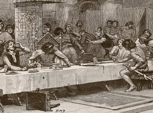 Interrupting Balliols Christmas Dinner, illustrasjon fra Cassells Illustrated History of England (sepia-bilde) av English School