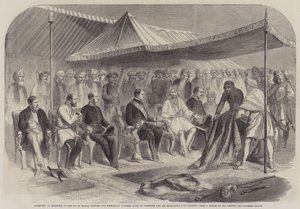Intervju på Sealkote, den 9. mars, mellom Maharajah Rumbeer Singh fra Cashmere og Hans Eksellens Lord Canning (gravering) av English School