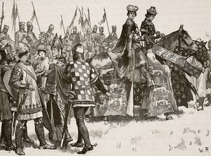 Intervju mellom Becket og kong Henry, illustrasjon fra Cassells Illustrated History of England (sepiafoto) av English School