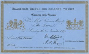 Invitasjon til åpningen av Blackfriars Bridge og Holborn Viaduct av English School