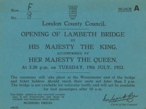 Invitasjon til åpningen av Lambeth Bridge av English School