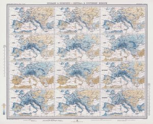 Isobarer og Isohyets, Sentral- og Sør-Europa (farge litho) av English School