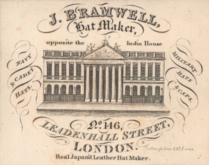 J Branwell, hattemaker, 146 Leadenhall Street, handelskort av English School