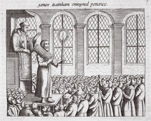 James Bainham likte bot, illustrasjon fra Acts and Monuments av John Foxe, niende utgave, pub. 1684 av English School