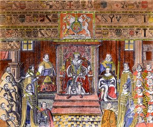 James I av England (1566-1625) ved Court, (gravering) (senere fargelegging) av English School